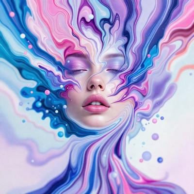 The primary subject of the image is a woman with a pink lipstick smile. She is the main focus of the image. The setting is a colorful, abstract background that adds to the overall atmosphere. The visual style is a combination of photo and digital art, creating a unique and artistic representation of the woman. The colors and mood are vibrant and lively, with the woman's pink lipstick and the colorful background creating a cheerful and energetic scene.